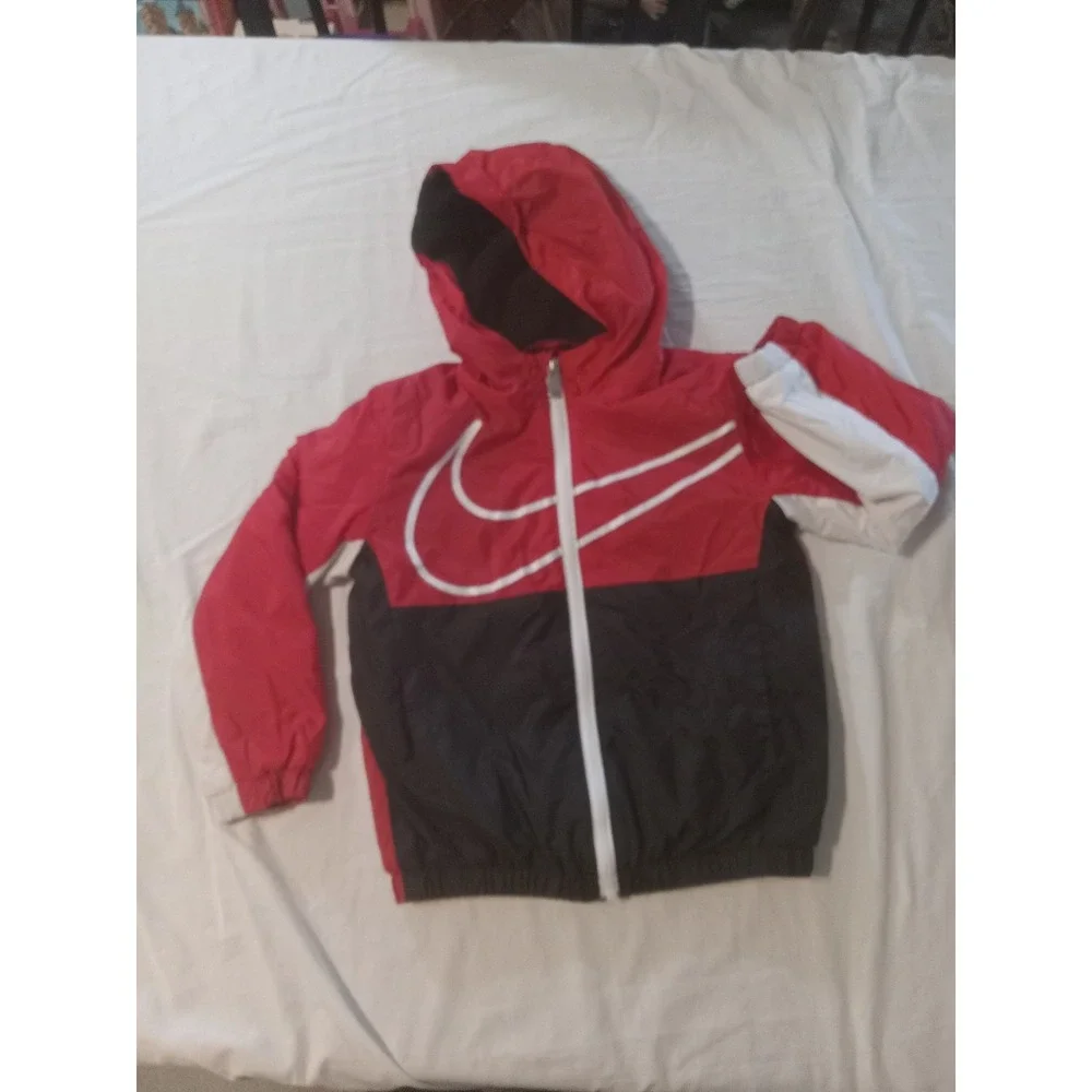 Nike Jacket Toddler Boys Sz 4 Red/Black‎ Hooded Fleece Windbreaker Swoosh Logo